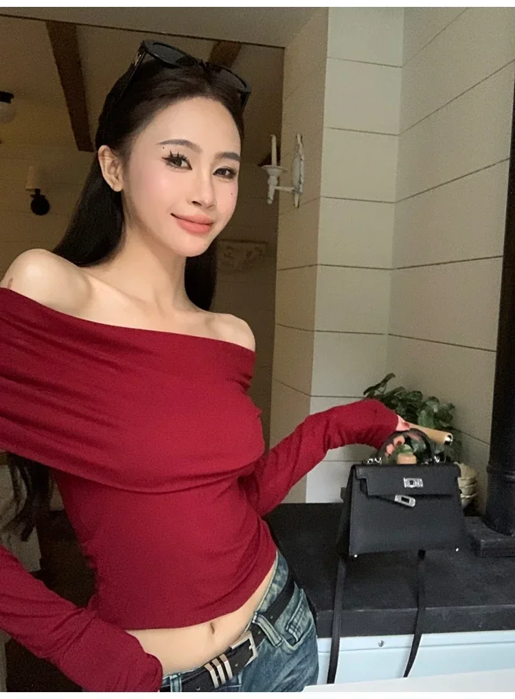 Camisetas con hombros descubiertos para mujer, camisetas casuales de manga larga lisas, tops cortos, ropa de calle, ropa de club, suéteres sexys con cuello torcido y cálidos