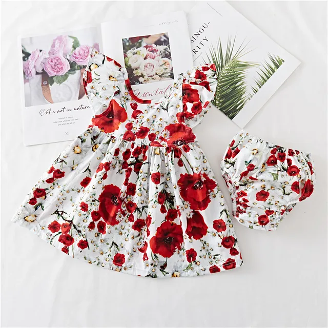 Baby Dress Lovely Summer Infant Baby Girl Ruffle Floral Dress Sundress Briefs Outfits Flower Dress + Brief PP Pants Clothes Set 5