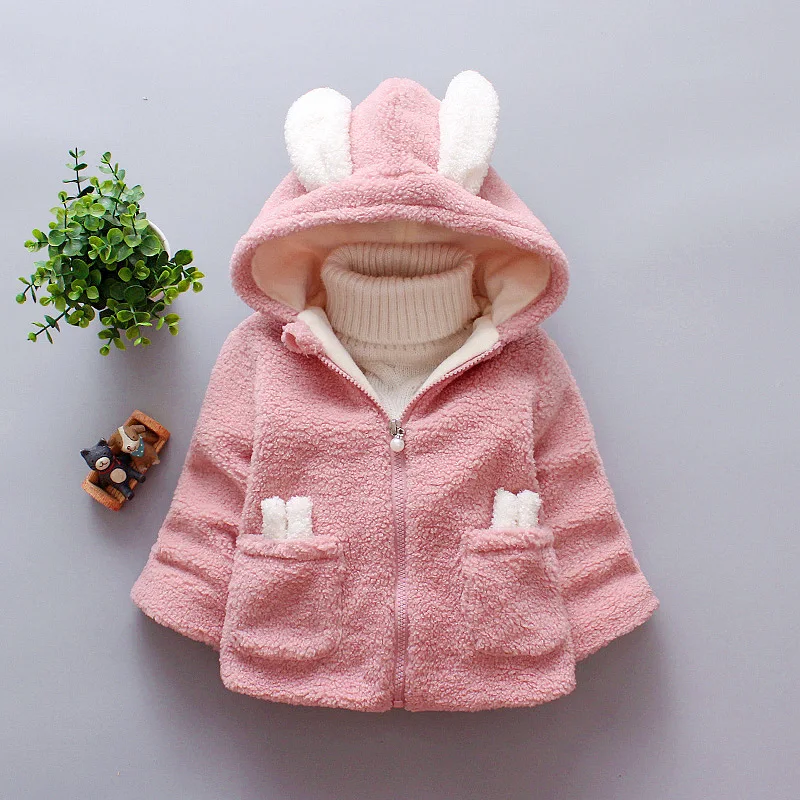 Autumn And Winter Korean Version Girls' Embroidered Coat Children's Plush Cute Hooded Bunny Ear Cotton Jacket