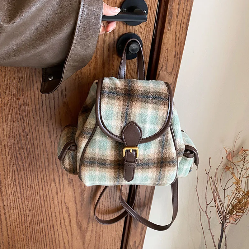 New Fashion Designer Double Root College Student Backpack 2023 Winter Woolen Lattice Small Backpack Female Girl Shoulder Bag