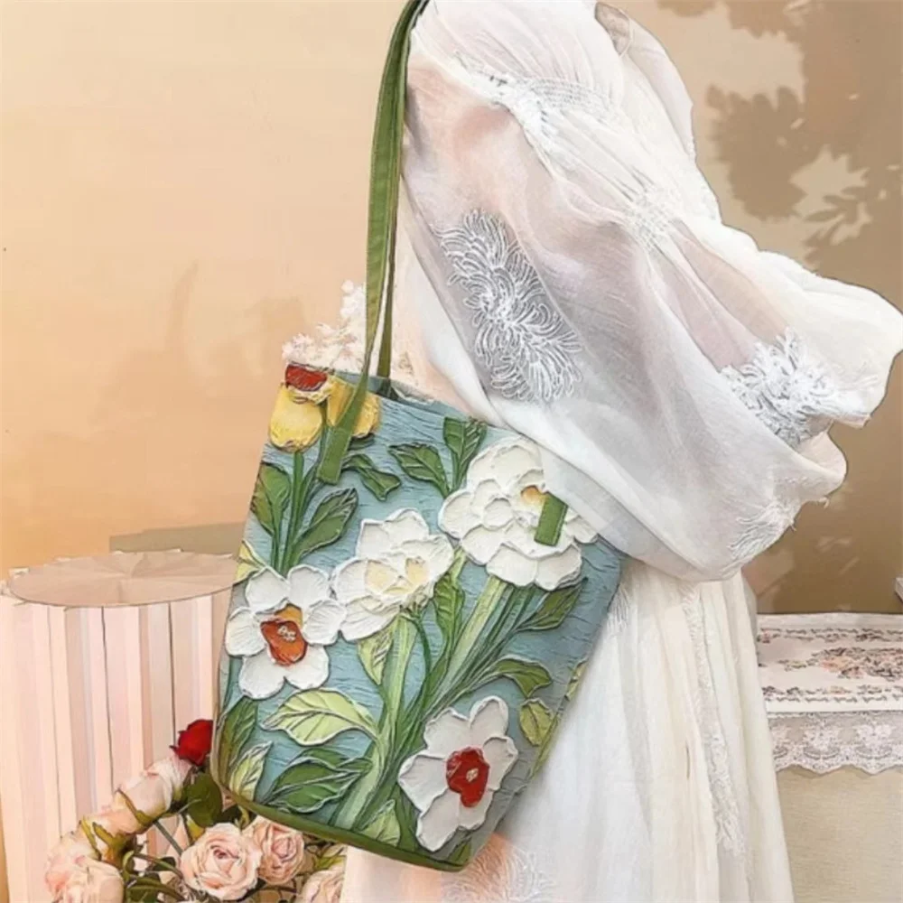 Women's Large Capacity Summer Floral Oxford Bucket Bag Casual Fashionable Shoulder Bag with Oil Painting Flower Design Handbag