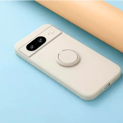 Silicone Back Cover with Finger Ring Stand and Camera Lens Protection - Solid Color Soft Phone Case - Pixel 6A (White)