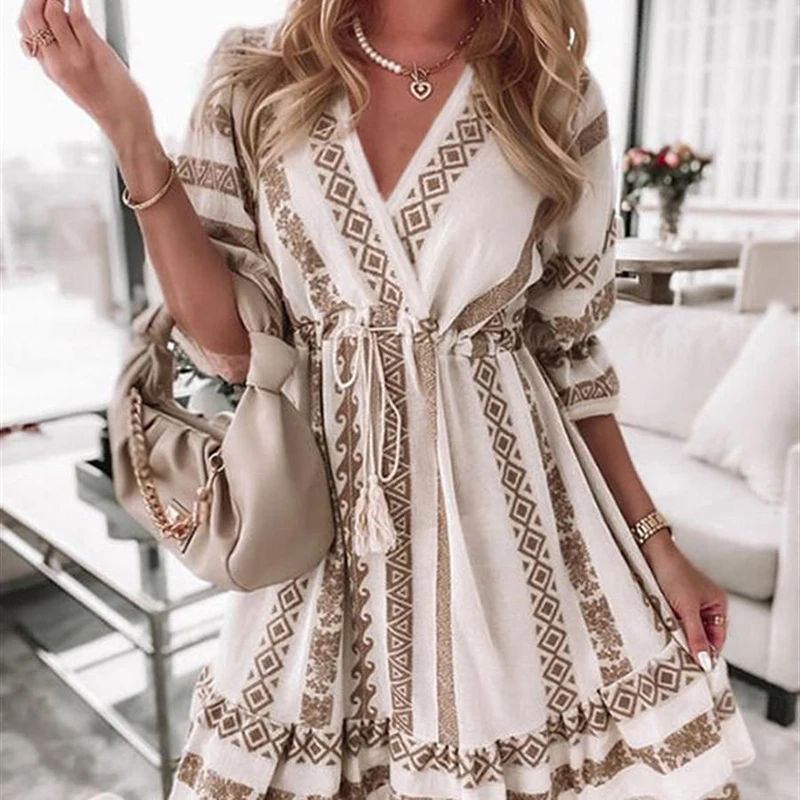 

2023 New Summer Printed Lace 1/2 Sleeve Dress A-line Laptop Casual Bohemian Skirt V-neck Loose Woman Clothing Mid Length Top