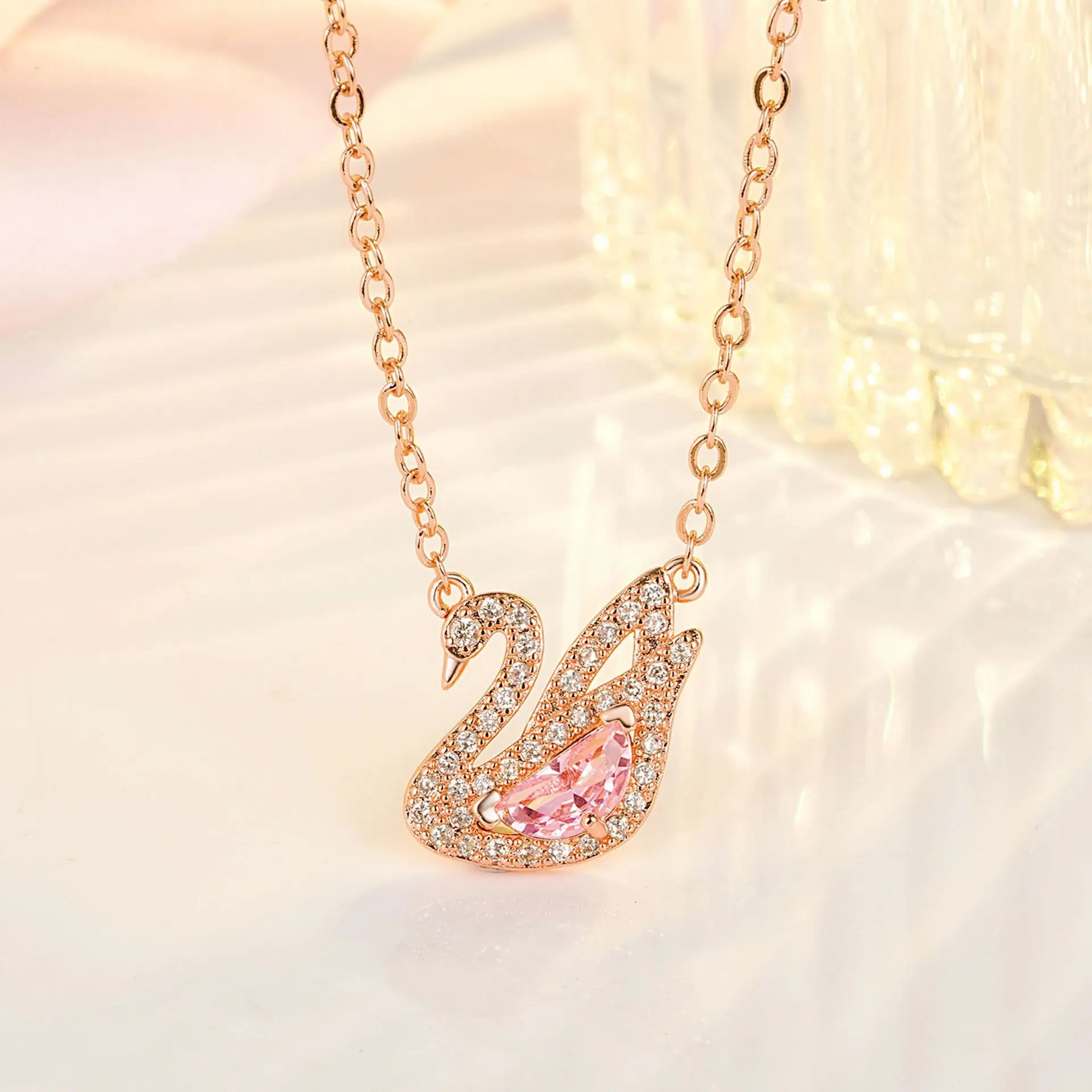 Women and Girl Pendant Necklace Pink Swan in True Beauty