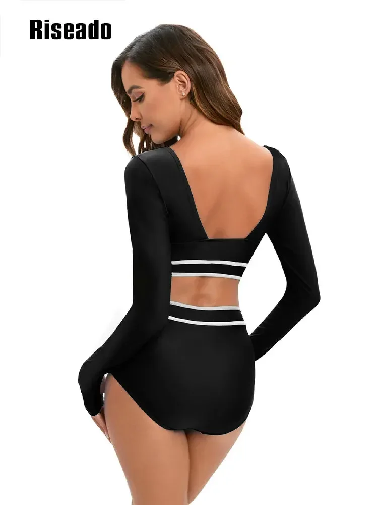 Riseado Bikini Set Womens Sexy High Waist Rash Guard Swimwear Long Sleeve 2 Pcs Classical Swimsuit