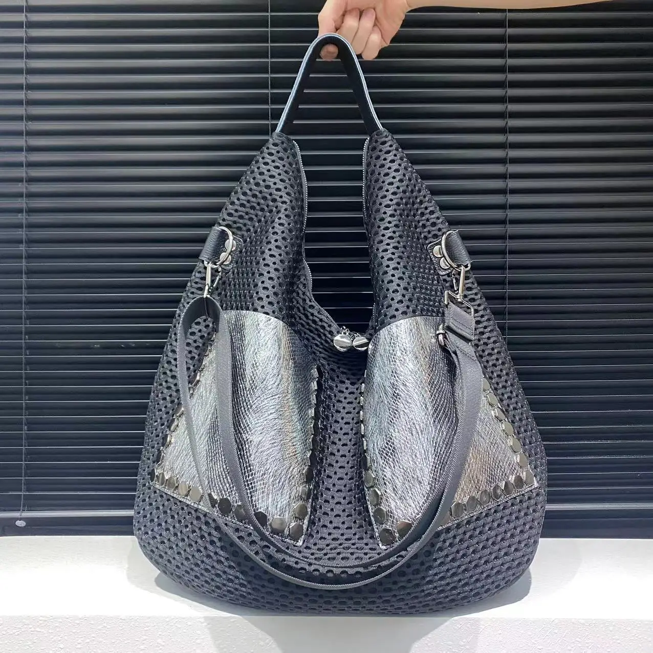 Damen Retro Mesh Patchwork Leder Tote Tasche 4