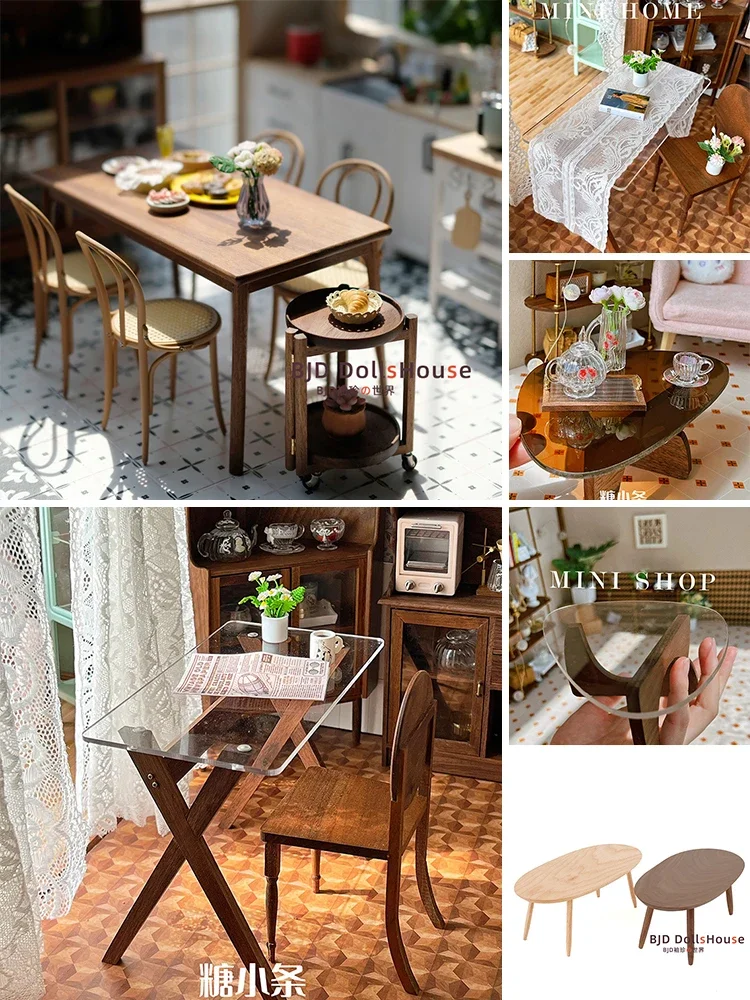 Ob11 Dollhouse Furniture Solid Wood Dining Table Bjd Doll Miniature Chairs Nordic Style Decoration New Diy Miniature Dollhouse 7 piece set outdoor folding chairs slatted back and patio table and round top with wood 4 legs ultra light table picnic camping