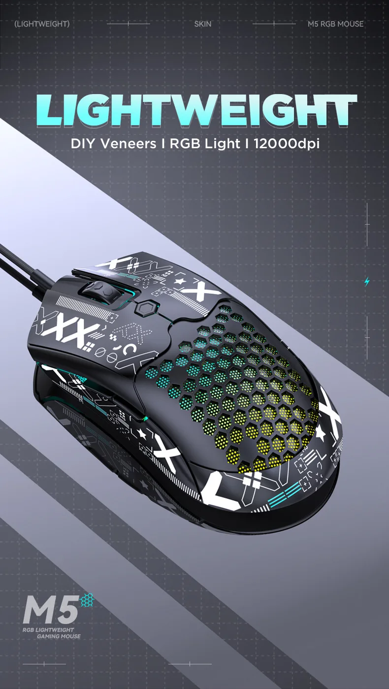 Free Wolf M5 легкая проводная мышь с отверстиями для киберспорта, игровая RGB геймерская мышь PAW3325 12000DPI