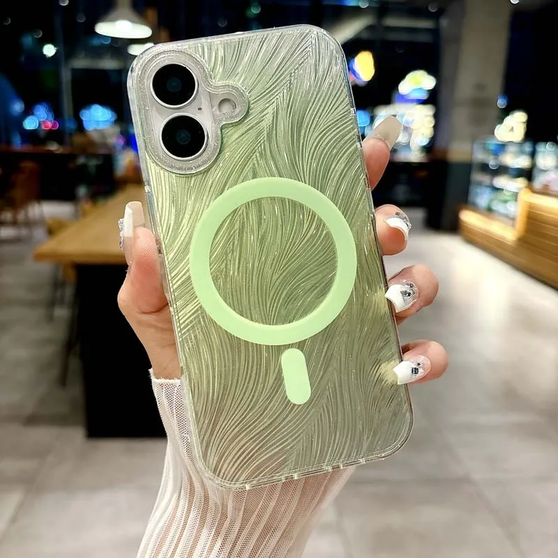 Coque de téléphone de luxe à dégradé laser avec plumes et diamants pour iPhone 16 15 14 13 Pro Max 16pro Glitter Magnetic Cover_voghion.com