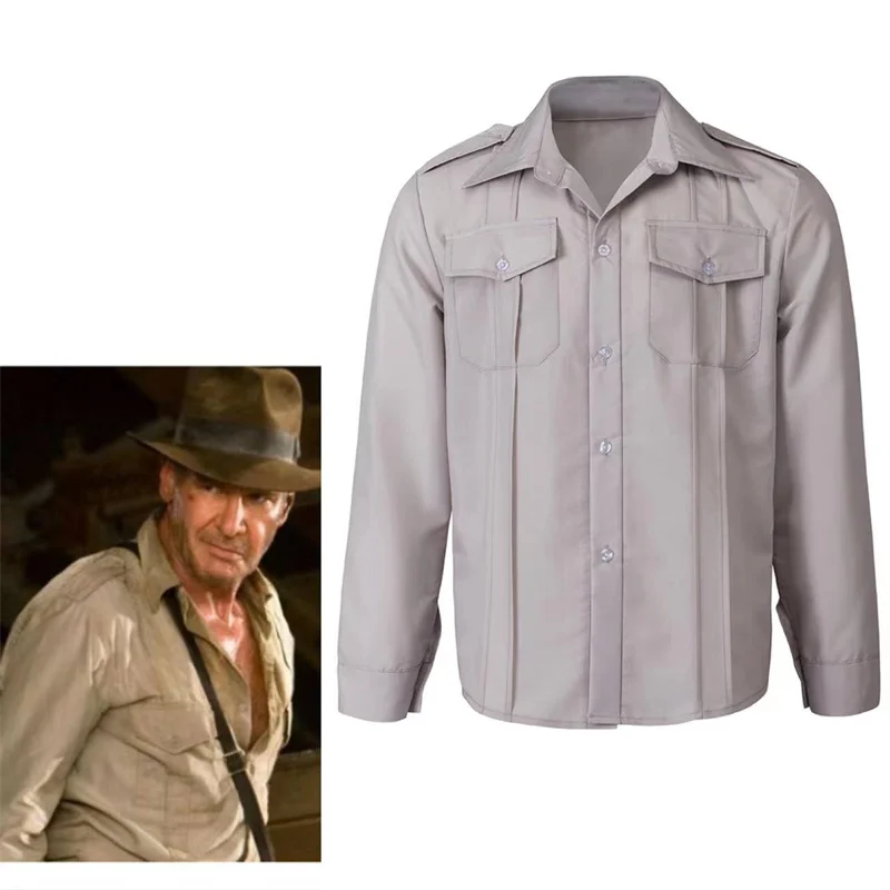 

Movie Indiana Jones Cosplay Costume Men Long Sleeves Pockets Work Shirts Casual Top Halloween Party Outfits