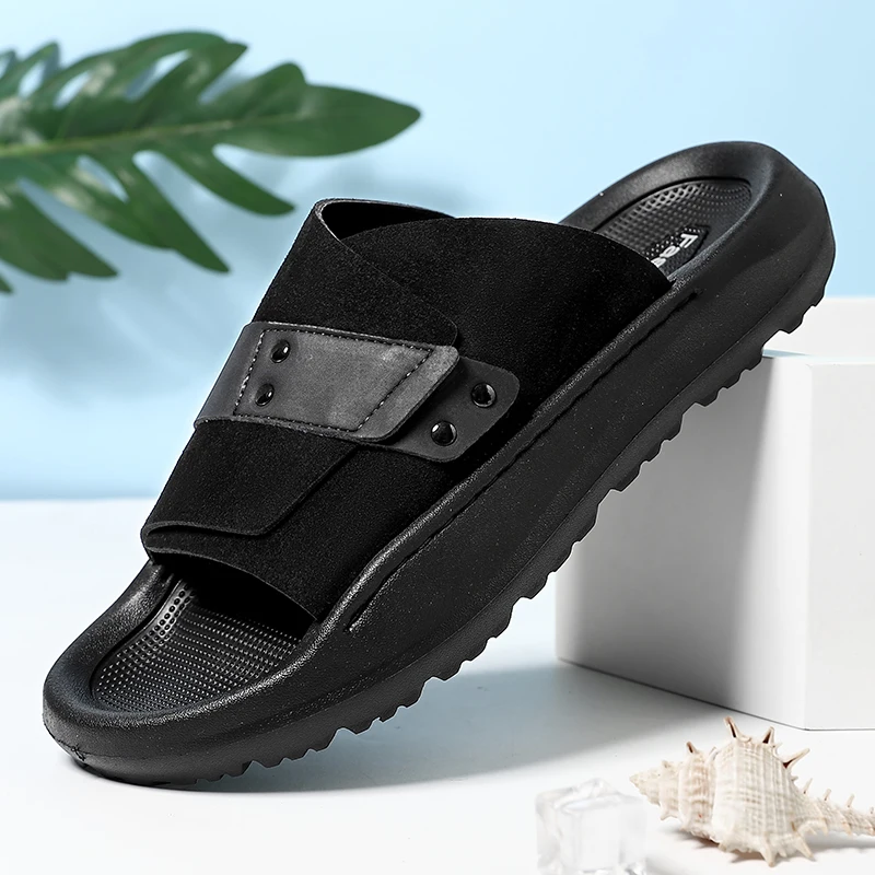 

Summer Fashion Platform Suede Leather Slippers For Men Breathable Non-slip Sandals Thick-soled Unisex Beach Sports Casual Shoes