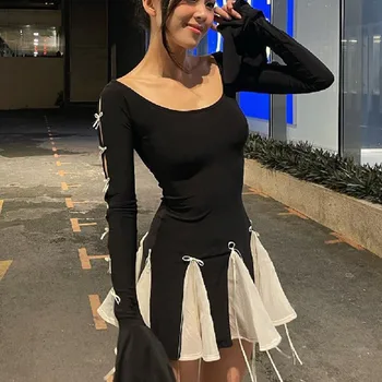 TARUXY 여성용 레이스업 하이웨이스트 드레스, 폴드 스플라이스 바디콘 미니 드레스, 핫 걸스 스트리트 슬림 시스루 드레스, 가을