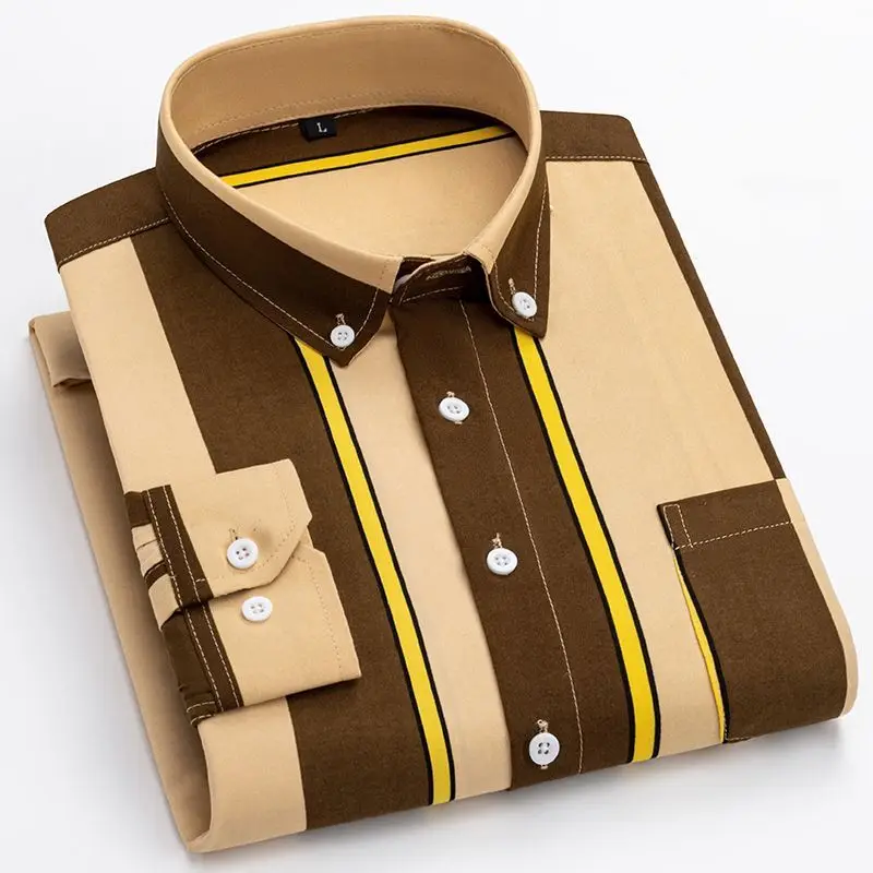 Spring Summer New POLO Collar Fashion Long Sleeve Shirt Man High Street Casual Button Pockets Cardigan Striped Printing Tops