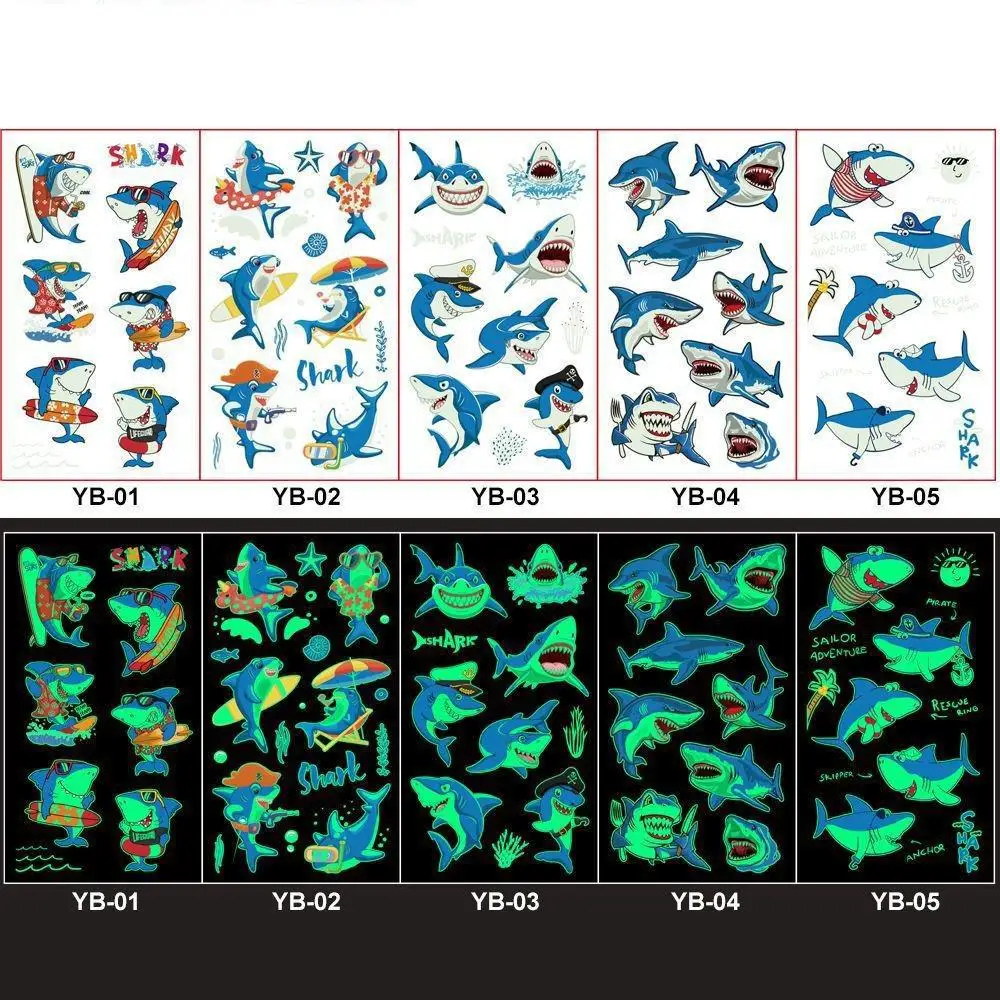 Luminous Night Tattoo Stickers For Children Shark Dolphin Temporary Waterproof Tatto Body Art Kid Cartoon Fake Tatoo 5Pcs/set