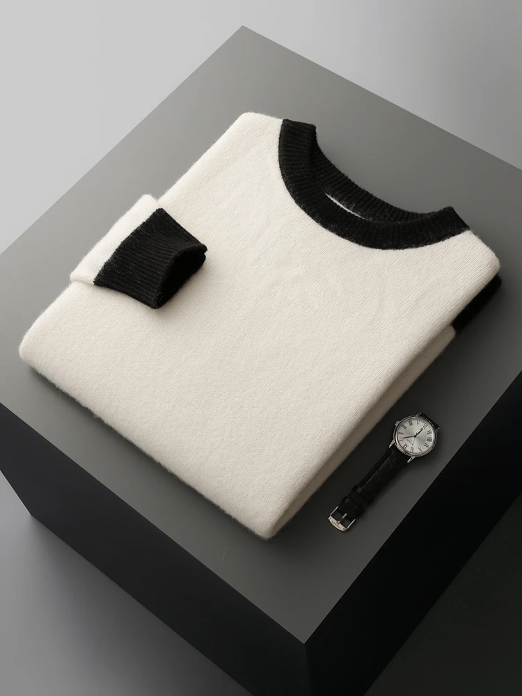 New Chic Men's Cashmere Sweater O-neck Long Sleeve Pullover Autumn Winter 100% Cashmere Knitwear Smart Casual Clothing Tops 3