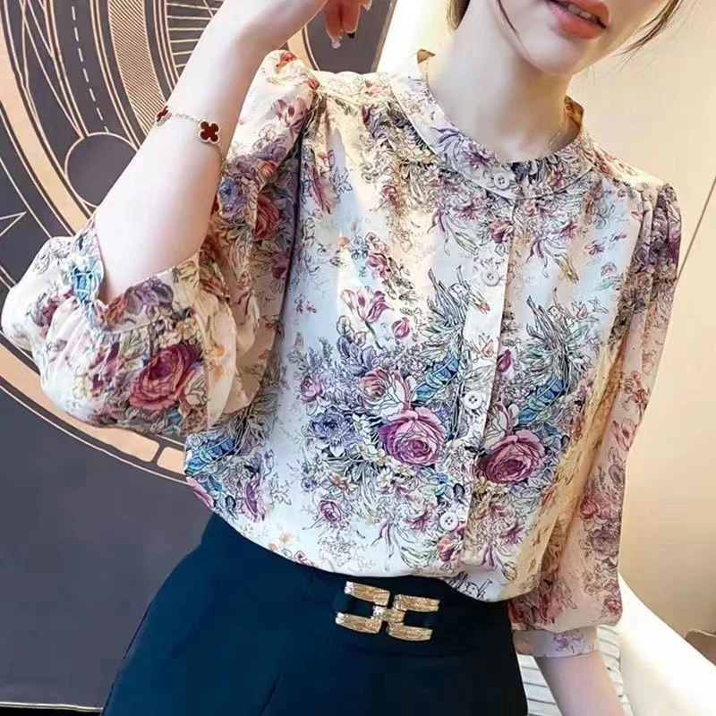Vintage Elegant Women's Chiffon Shirt O-Neck Lantern Sleeve Printed Top Casual Office Lady trend Slim Shirts and Blouses French