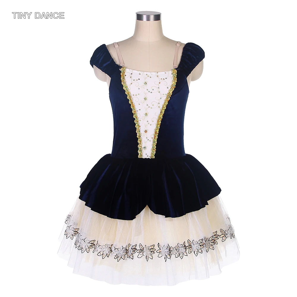 

Romantic Ballet Tutu Dress Stage Costume for Performance Ballerina Dance Clothes Royal Blue Velvet Bodice with Ivory Tutus