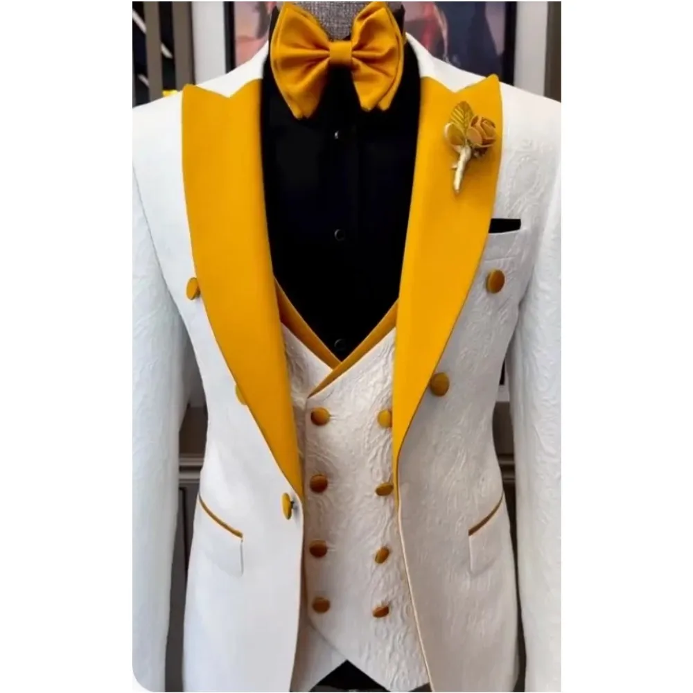 

White Jacquard Men Suits 3 Pieces Formal Business Wedding Groom Wear Tuxedos Blazer Jacket Vest Pants Set Tailor Costume Homme