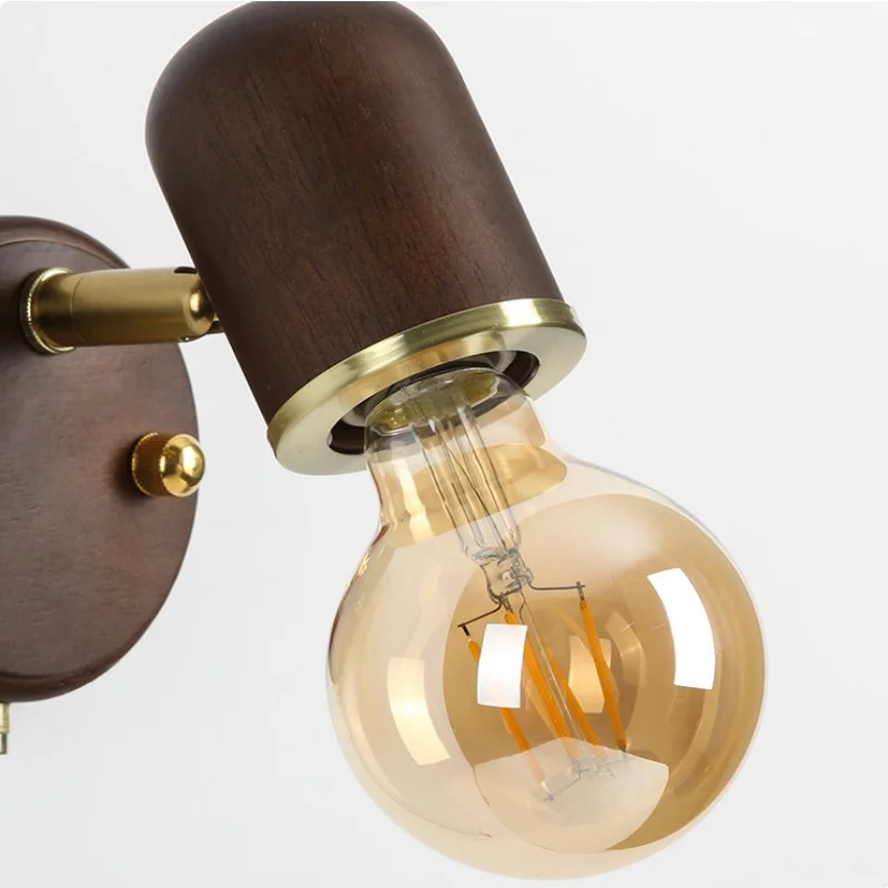 Bedroom Vintage wall lamp with pull wire switch can rotate the French medieval wabi-Sabi solid wood retro lighting cream wind