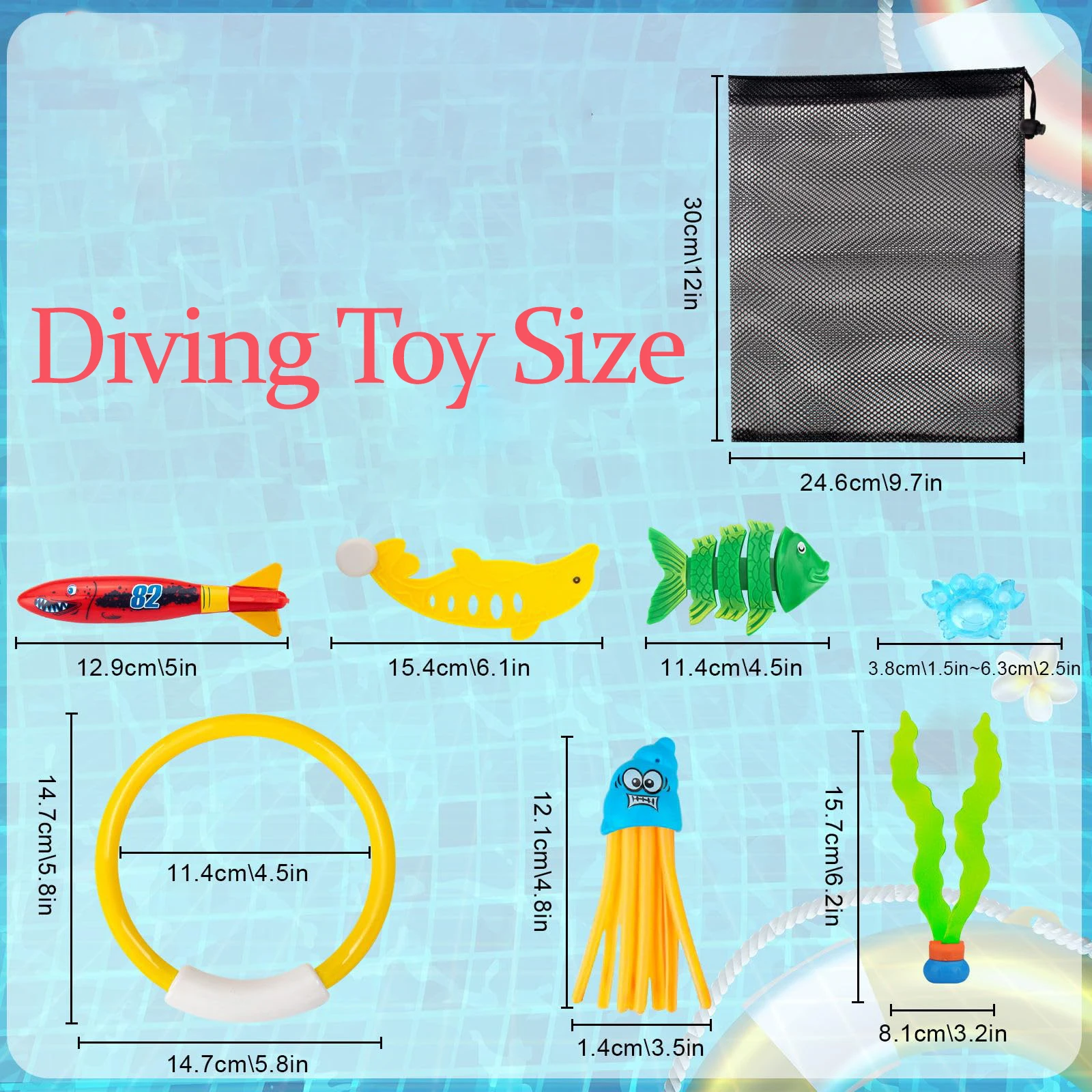 28Pcs Pool Diving Swim Toys Colorful Underwater Training Sinking Dive Toy With Mesh Bag for Kids Summer Swimming Party Pool Game
