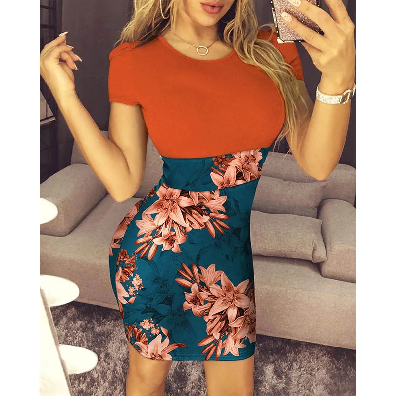 

2023 Summer Fashion Women Midi Dress Casual Print Panel O-Neck High Waist Short Sleeve Wrap buttocks Sexy Dress Office Dress