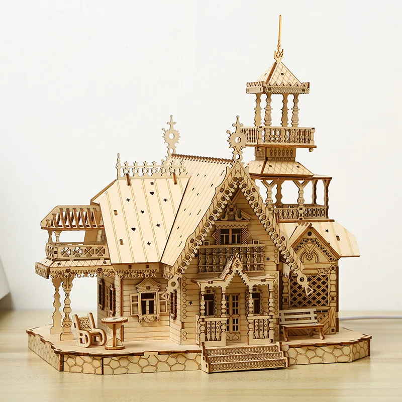 DIY 3D Puzzle Wooden House Assembled Villa Simulation Model with Light Educational Toy for Kids Adult 2023 New Gift Dropshipping