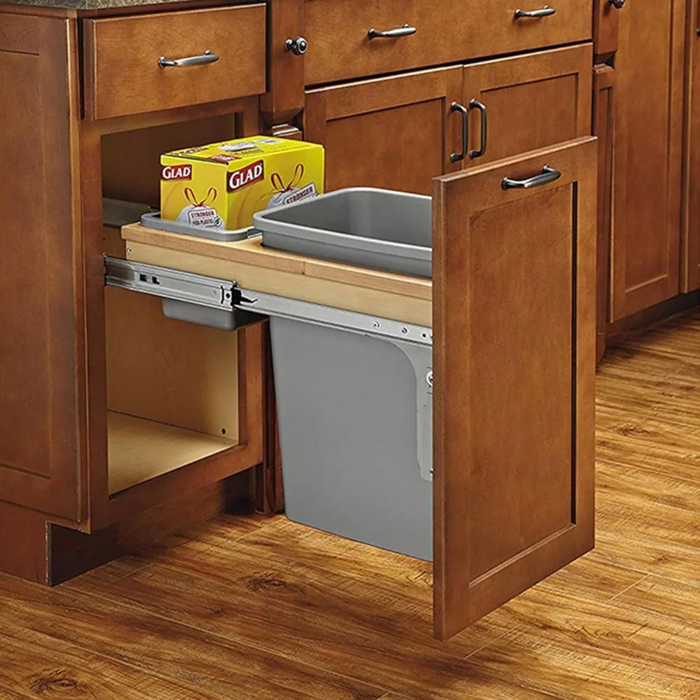 Rev-A-Shelf 35 Qt Pullout Under Cabinet Trash Can w/Soft-Close, Top Mount Garbage Bin for 12" x 1.5" Face Frame, Gray, 4WCTM-12B