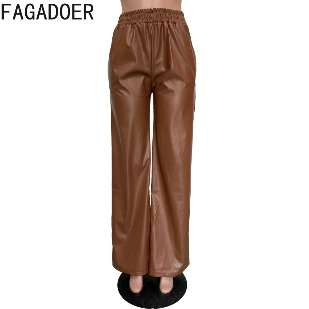 FAGADOER Fashion PU Leather Wide Leg Pants Women High Waisted Elasticity Trousers Casual Female Solid Color Pocket Bottoms 2023
