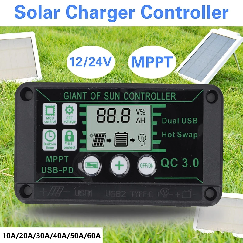 Waterproof 10A-100A Solar Charge Controller MPPT 12V/24V Charge Controller Dual USB Auto Solar Cell Panel Charger Regulator solar charger solar battery charge controller
