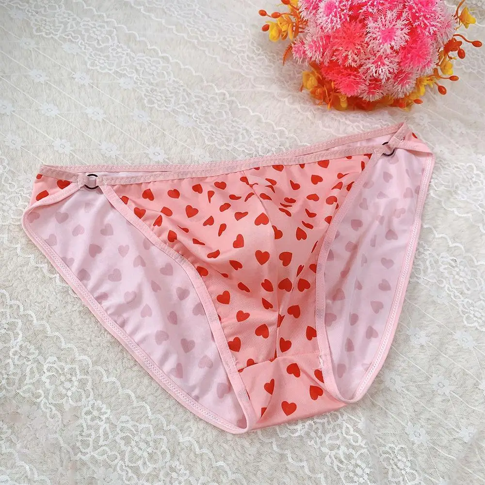 Men Sissy Panties Sexy Ice Silk Heart Printed Bulge Pouch Briefs Bikini Lingerie Underwear Low Rise Underpants Gays Lingerie