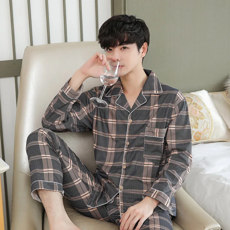 Spring Autumn Men's Pajamas Knitted Cotton Long Sleeve Cardigan Oversized Casual Printed Home Clothing Set Elegant Sleepwear