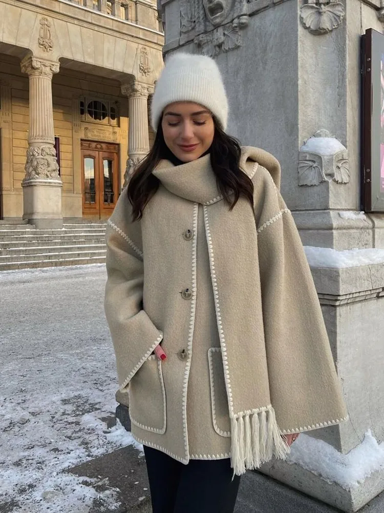

Женские модные теплые пальто с шарфом, элегантные однобортные куртки с длинным рукавом и карманами, Осень-зима 2023, Женская свободная уличная одежда