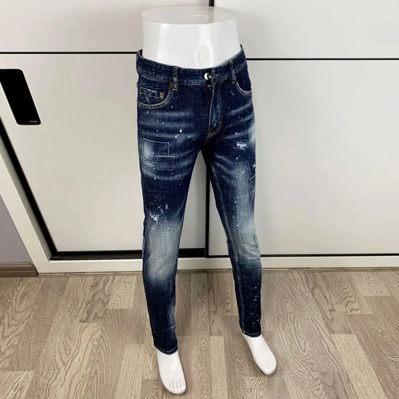 Streetwear Fashion Designer Men Jeans High Quality Retro Washed Blue Stretch Slim Fit Ripped Jeans Men Vintage Denim Brand Pants