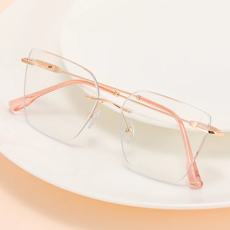 

Retro Frameless Women's Optical Anti Blue Light Glasses Frame, Rimless Prescription Myopia Eyewear Black Glass Frames F81023