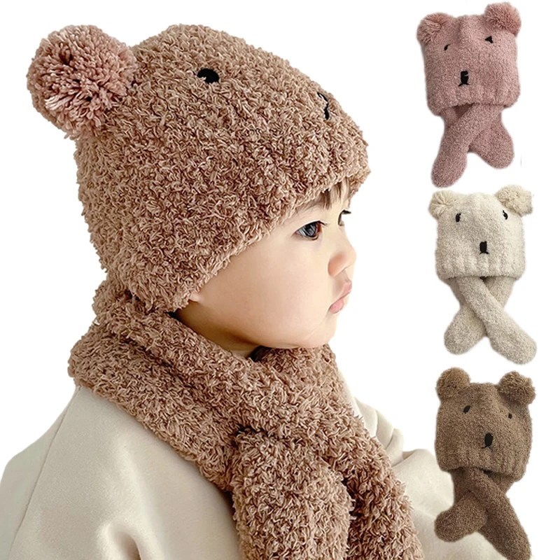 Baby Hat Scarf Set Cartoon Bear Kids Beanie Hats Winter Pompom Bonnet Korean Plush Hat for Boys Girls Ear Protection Accessories