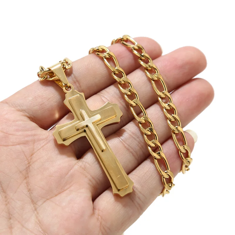 

316L Stainless Steel Gold Plated 30*54mm Necklaces Charm Cross Pendants Necklace 3:1 Figaro Chains 24'' For Men Jewelry Gifts