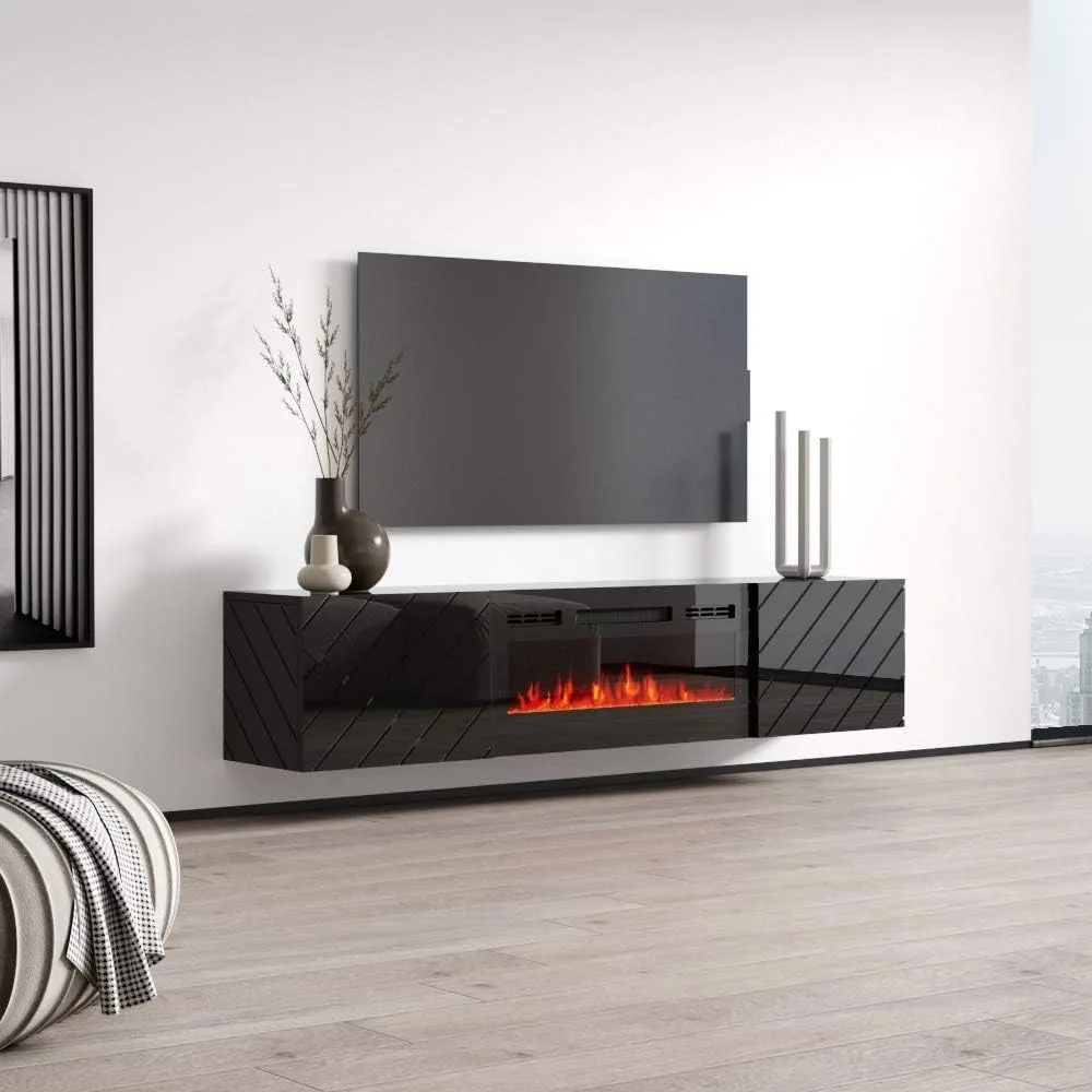 Floating Fireplace TV Stand for TVs Up To 80", Modern High Gloss 72" Entertainment Center, Wall Mounted Electric Fireplace 3