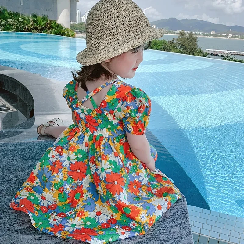 

2-10 Years Girls Summer Clothes Print Floar Kids Toddler Dresses for Girls Sweet Short Sleeve Princess Dress 2-10Y Girl Clothing