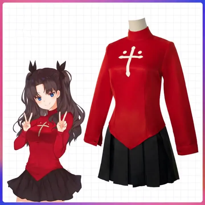 

Fate Stay Night Tohsaka Rin Cosplay Costume for Women Anime Girl Red Shirt Skirt Stocking Hairpins Set Halloween Party Dress