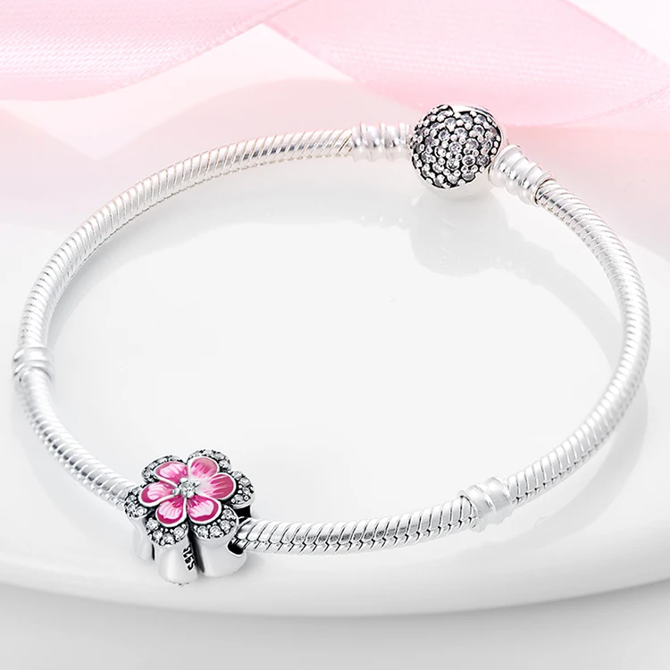  귀여운 꽃 카메라 토끼 핑크 시리즈 매력 비즈 맞는 원래 고급 팔찌 S925 DIY 쥬얼리 선물