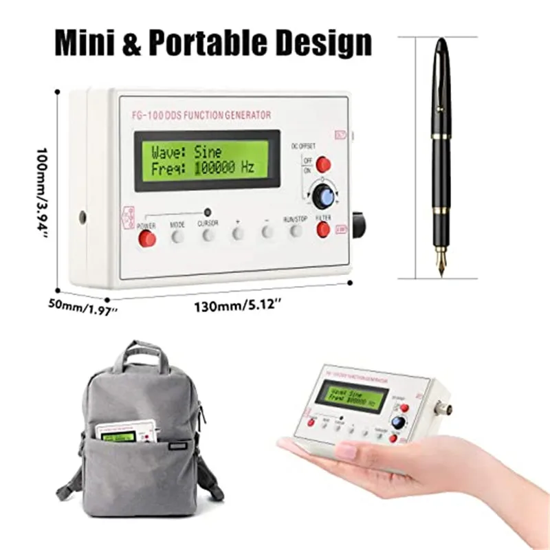 FG-100 DC 3.7-10V DDS Signal Generator LCD Display 1Hz-500KHz Functional Sine Triangle Square Frequency Sawtooth Wave Waveform 5