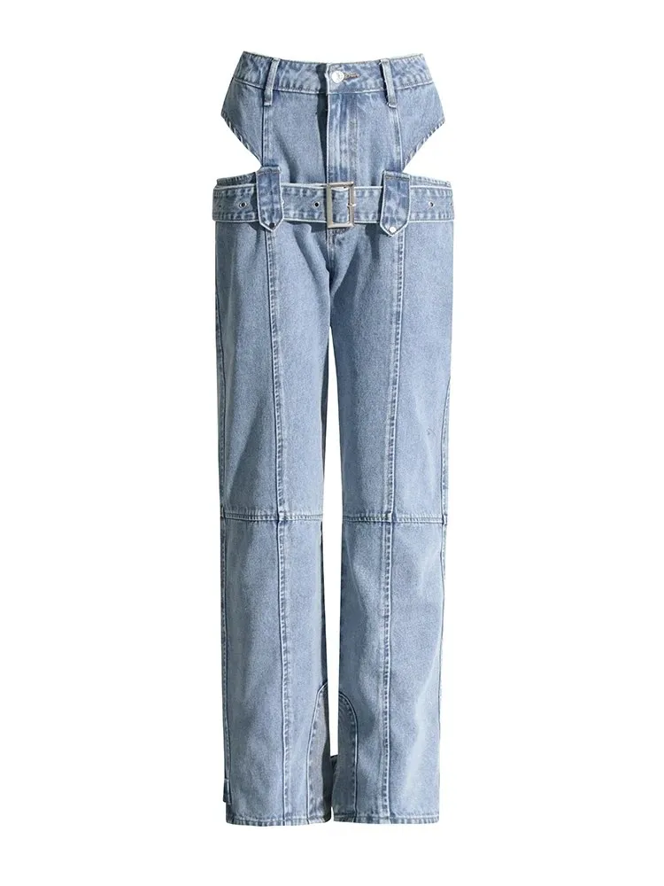 TWOTWINSTYLE Casual Cut Out Denim Trousers For Women High Waist Patchwork Belt Vintage Streetwear Jean Female Fashion Clothing