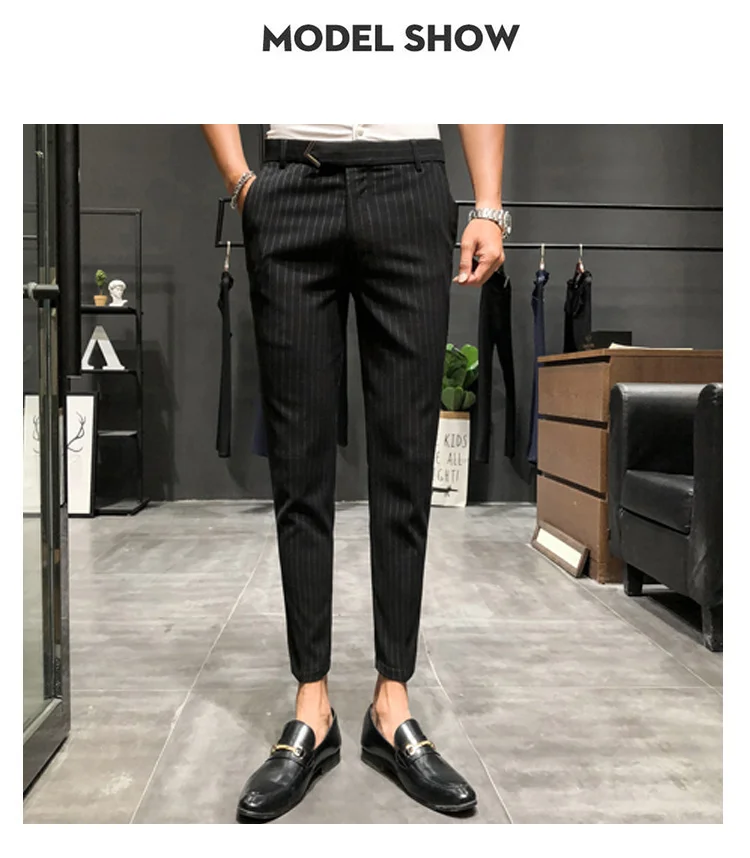 black blazer for men Style British Suit Pants Men Dress Pants Social Slim Fit Office Trousers Men Grey 2022 Spring New Striped Belt Trousers Men's casual blazer