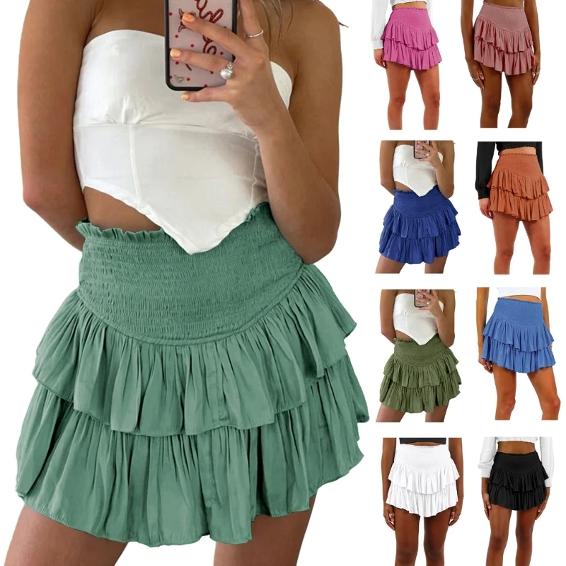 Women Shirred High Waist Solid Color Tiered Ruffle Hem Mini Pleated