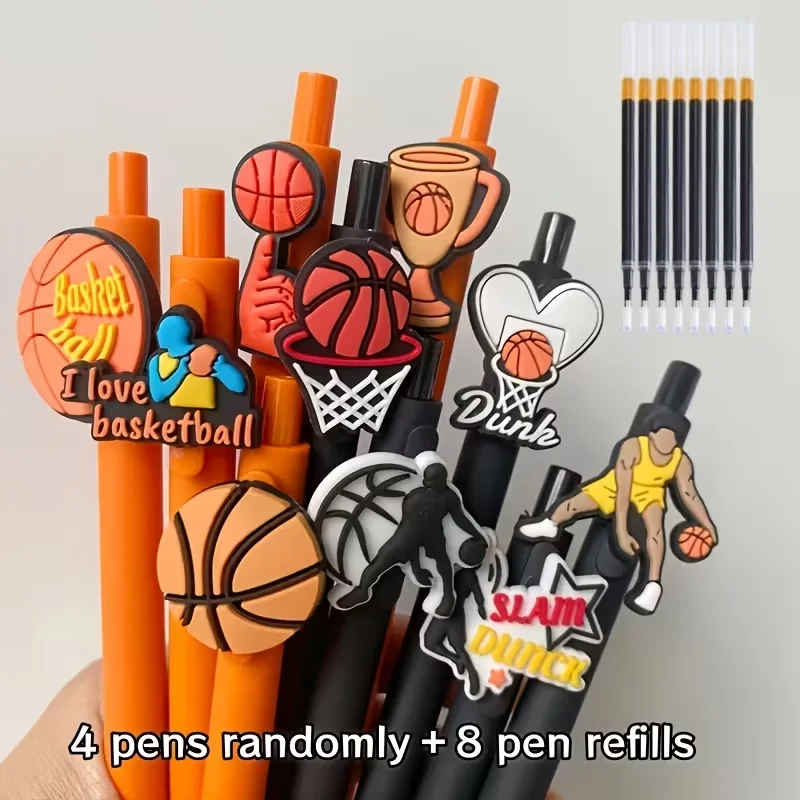 12 penne a sfera a tema basket, articoli per l'ufficio e lo studio per il ritorno a scuola (4 penne + 8 ricariche)