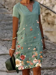 Elegant Women's Dresses 2023 Spring/Summer Flower Print Cotton Hemp Short Sleeve Medium Length V-Neck Dress Lady Robe S-5XL