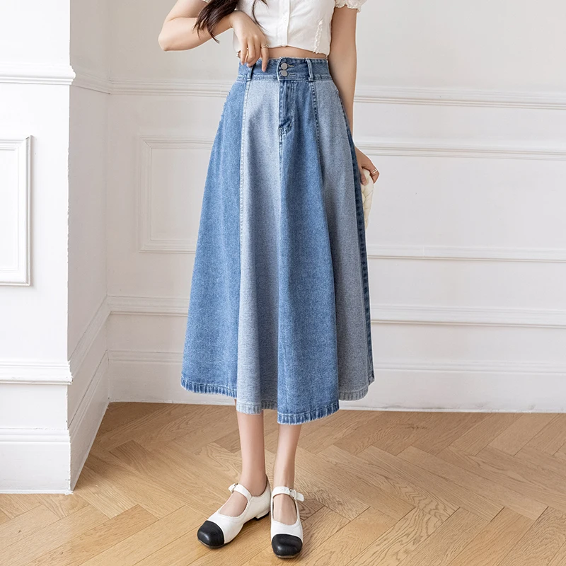 

Lady Mid Length Contrast Stitching Denim Skirt Women Casual Slim Jeans Large Hem Half Length Skirts Fashion Streetwear Clothing