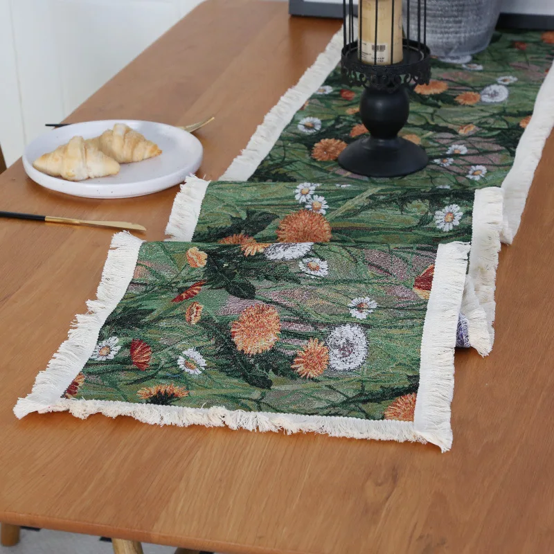 

Vintage Green Flower Table Flag Oil Painting Wind Dinner Edge Cabinet Flag Fabric Art American Tea Table Long Strip Table Cloth
