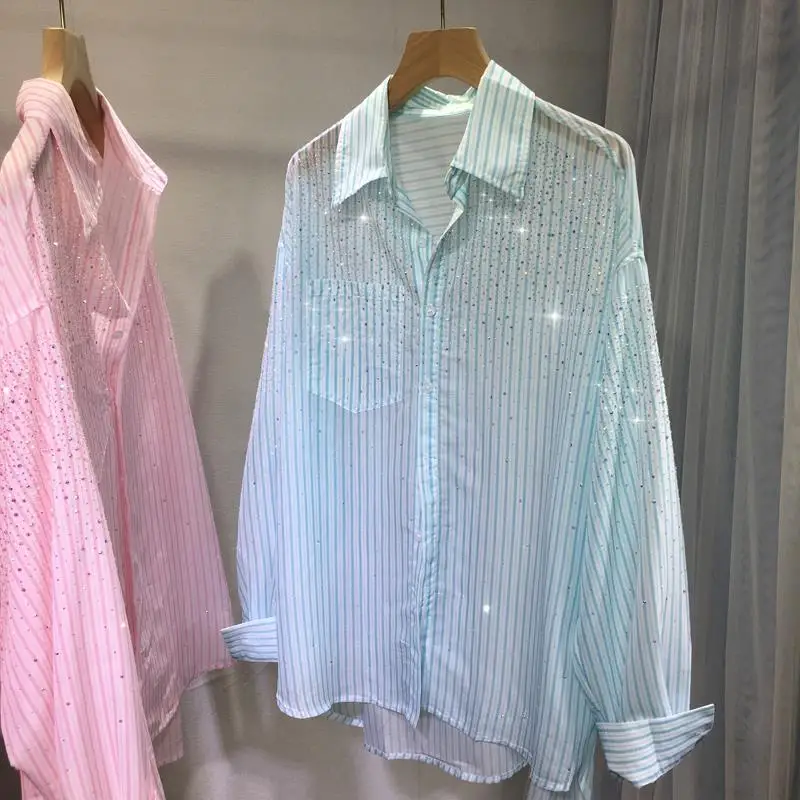 

Hot Drilling Diamonds Chiffon Shirts Loose Slim Medium Length Striped Sunscreen Rhinestones Blouses Sun Protection Cardigan Tops