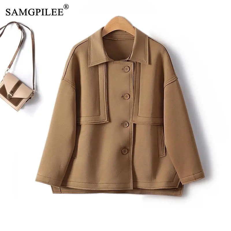 

Женская короткая куртка из плотного хлопка, однотонная ветровка с отложным воротником, Осень-зима 2023